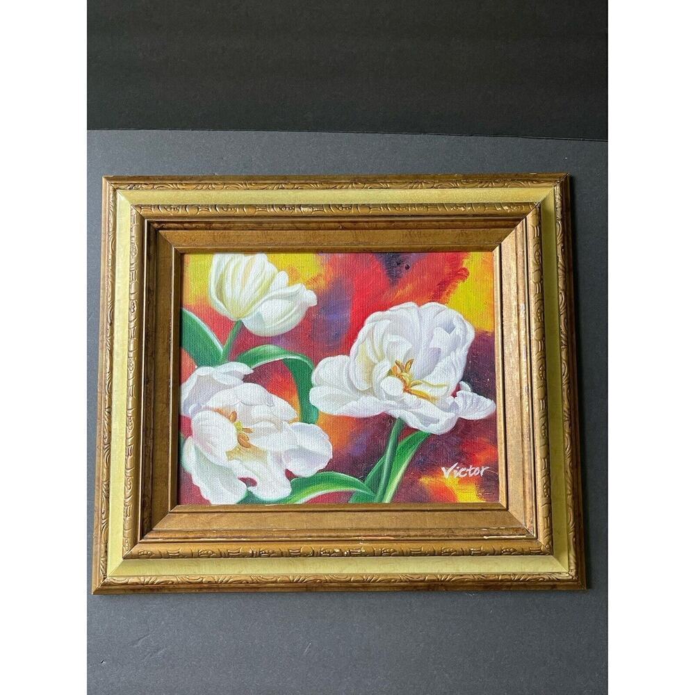 Handpainted Flower Bouguet Canvas Painting Gold Wood Framed Signed Victor Floral